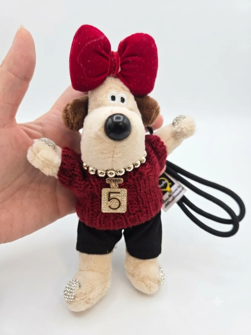 Plush Dog Bag Charm with Red Bow and Sweater